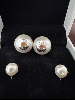 Dior 925 Sterling Silver Pearl Stud Earrings Duo Look, Logo Back, Classic Luxe